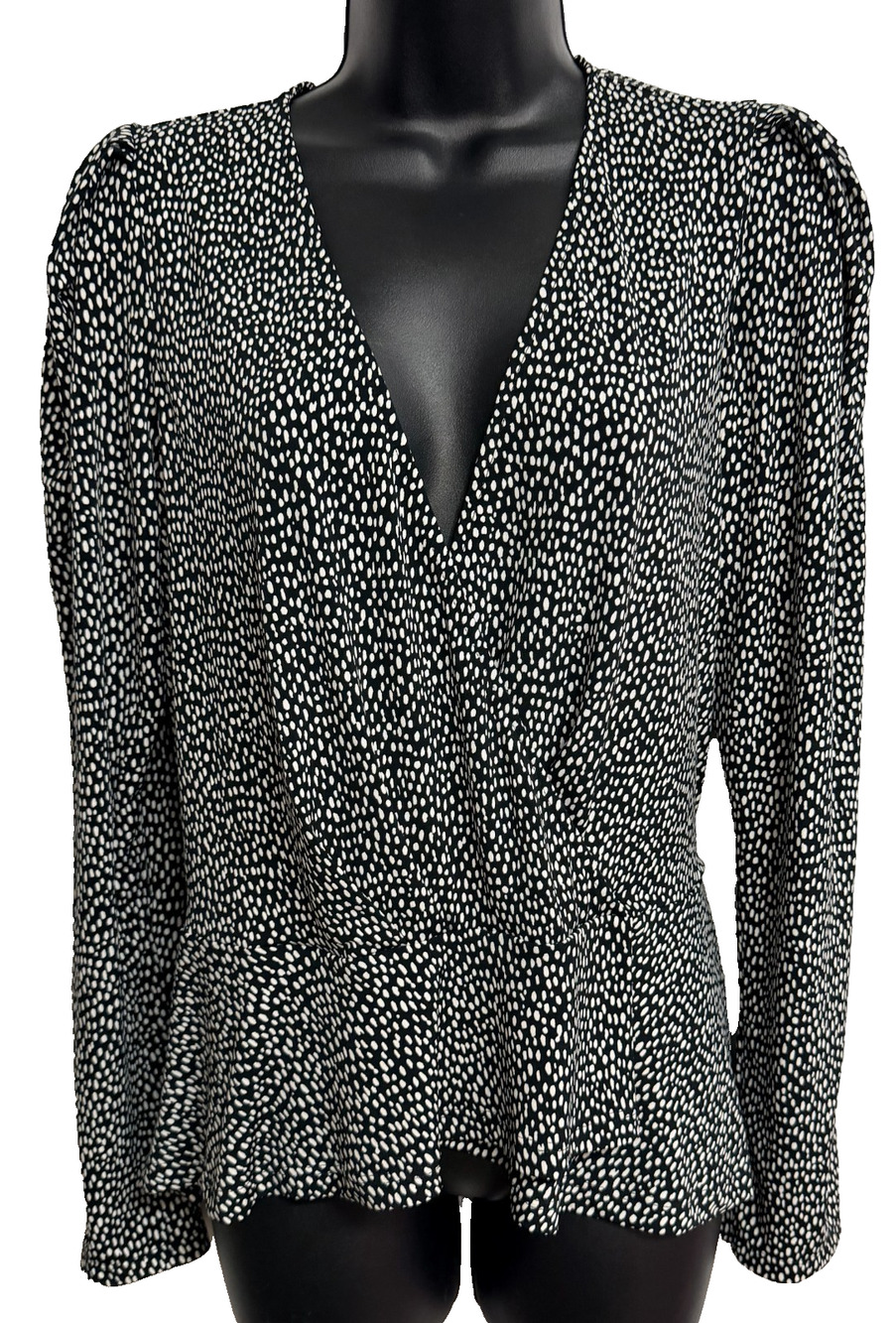 Banana Republic Top Womens M Black White Spotted Long Sleeve Peplum Blouse NEW